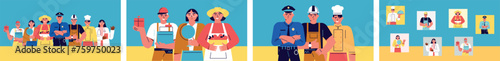 Labor day. Courier, doctor, teacher character set. Vector illustration in cartoon flat style. Various professions and specialists	