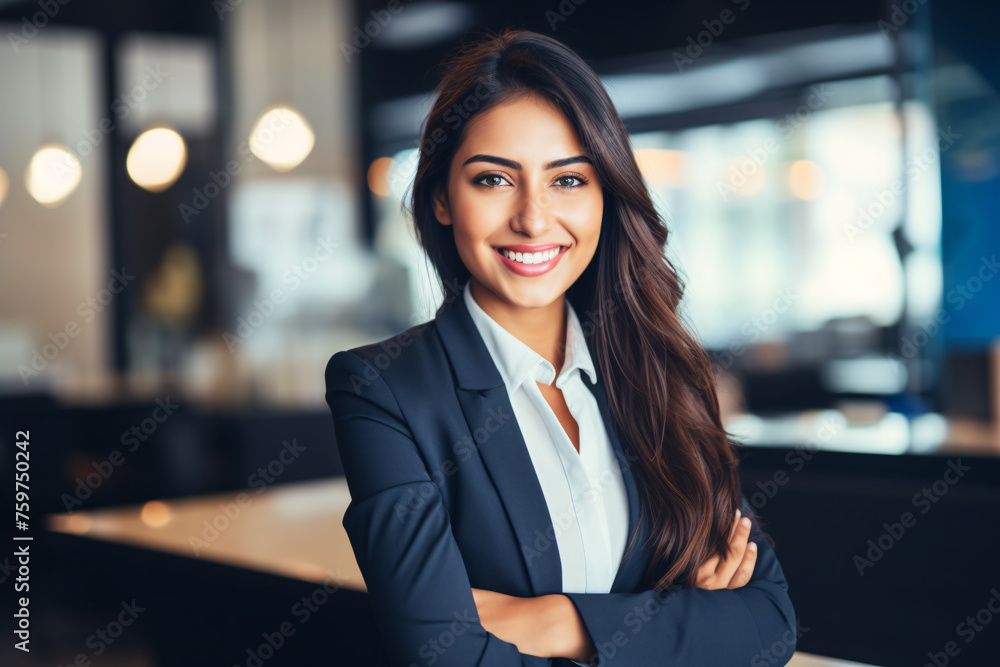 Confident female manager in a smart business suit, standing in an office setting, symbolizing professional success and entrepreneurial spirit Confident female manager in a smart business suit, standing in an office setting, symbolizing professional success and entrepreneurial spirit