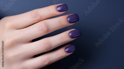 Glamour woman hand with navy blue nail polish on her fingernails. Navy nail manicure with gel polish at luxury beauty salon. Nail art and design. Female hand model. French manicure. Generative AI.