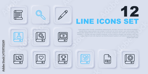 Set line FB2 File, User manual, Book about women, Phone book, Chemistry, Romance, Magnifying glass and icon. Vector
