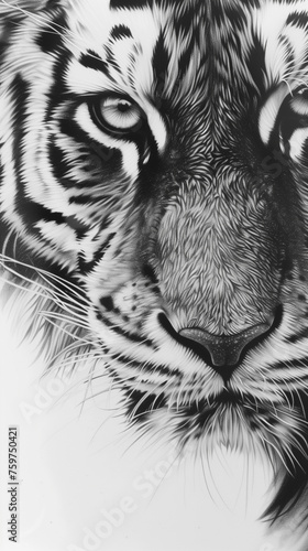 Intense close-up of a tiger's face in monochrome