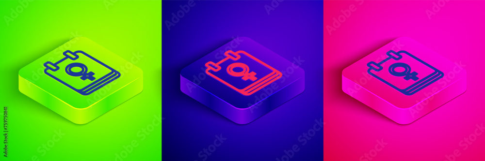Isometric line Calendar with 8 March icon isolated on green, blue and pink background. International Happy Women Day. Square button. Vector Isometric line Calendar with 8 March icon isolated on green, blue and pink background. International Happy Women Day. Square button. Vector