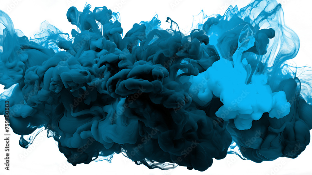 Cascades of cobalt and chartreuse smoke colliding in a dynamic explosion of color on a solid white backdrop - obrazy, fototapety, plakaty 