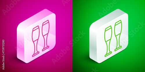 Isometric line Bowling pin icon isolated on pink and green background. Juggling clubs, circus skittles. Silver square button. Vector