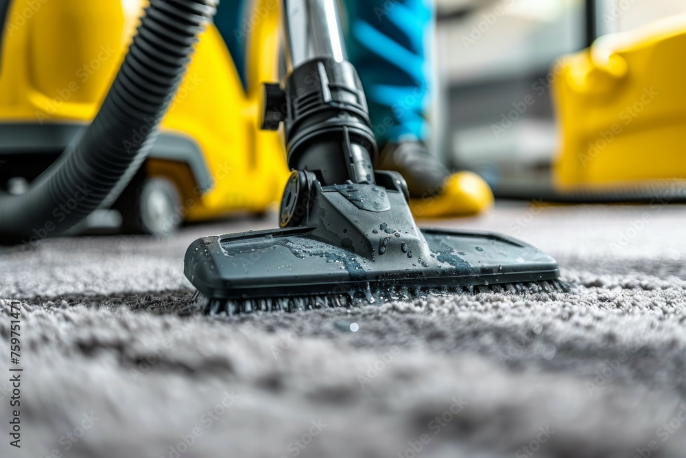 A person is vacuuming a carpet with a yellow vacuum cleaner A person is vacuuming a carpet with a yellow vacuum cleaner