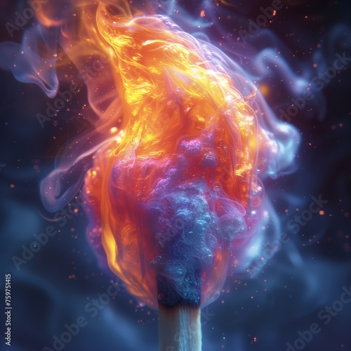 A matchstick ignites, its flame dancing amidst a colorful, abstract backdrop