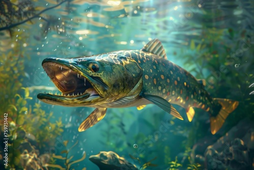 A large fish with a mouth open is swimming in a body of water