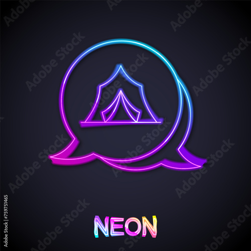 Glowing neon line Circus tent icon isolated on black background. Carnival camping tent. Amusement park. Vector
