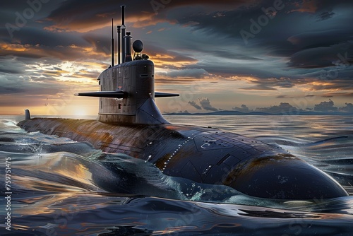 A large submarine is sailing in the ocean with the sun setting in the background