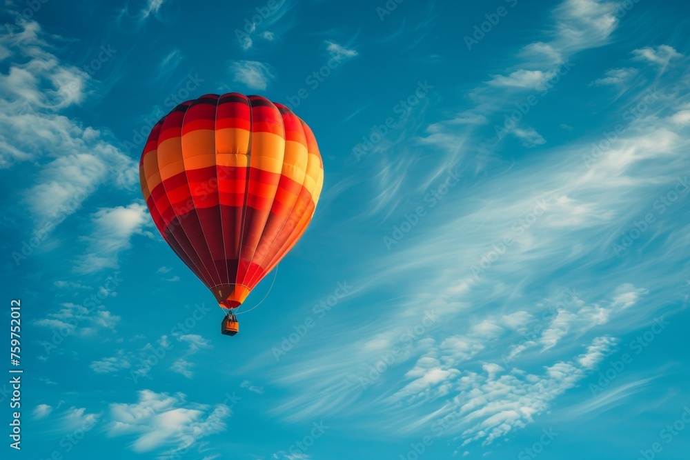 A hot air balloon is floating in the sky above a blue sky