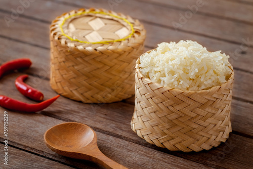 Sticky rice in woven bamboo container