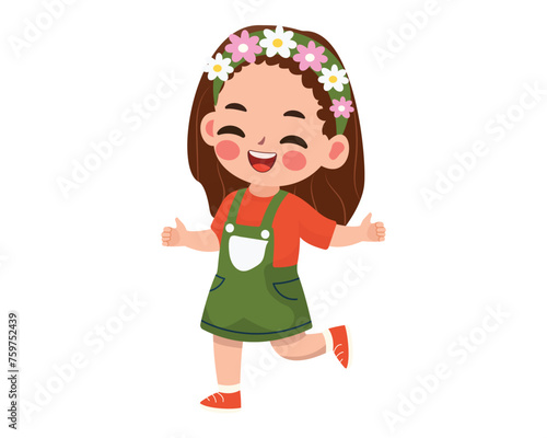 Happy cartoon girl isolated on white background. Cute character in vector illustration