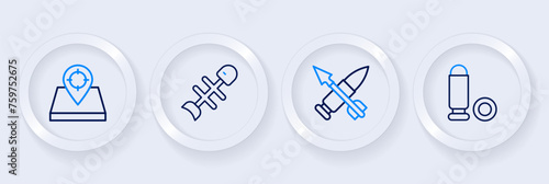Set line Bullet, Crossed bullet with arrow, Dead fish and Hunt place icon. Vector