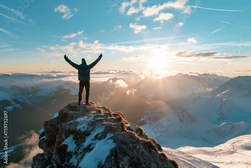 Person Embracing the Sun on Snowy Mountain