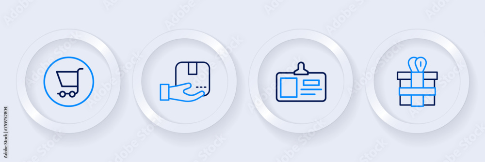 Set line Gift box, Identification badge, Delivery hand with and Shopping cart icon. Vector