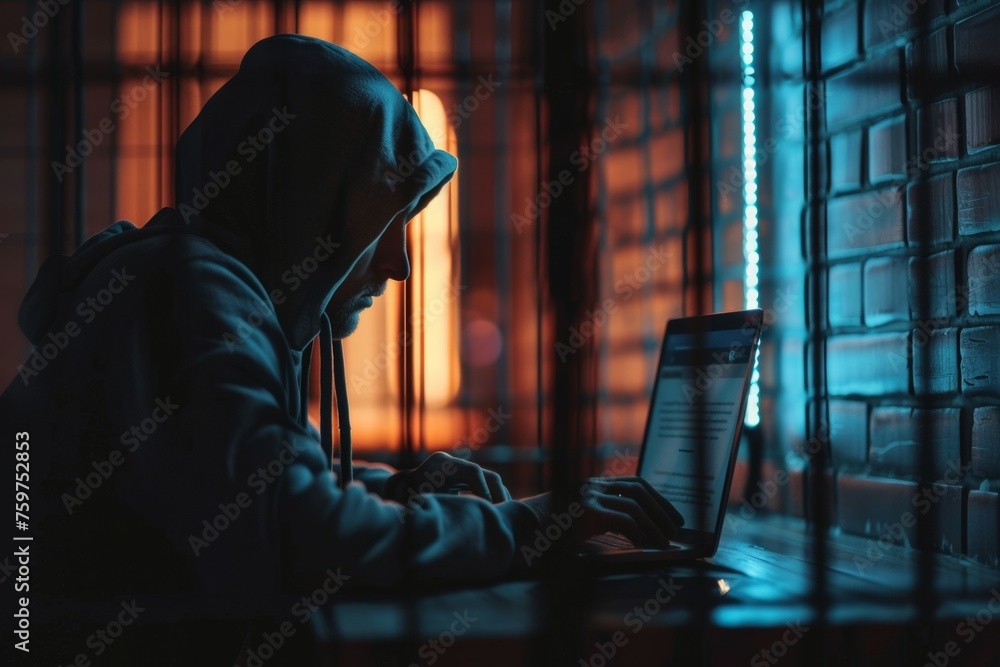 A man is sitting in front of a laptop computer in a dark room. Prisoner hacker in prison A man is sitting in front of a laptop computer in a dark room. Prisoner hacker in prison