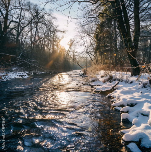 river with nature around with snow and freezing environment in morning sunshine