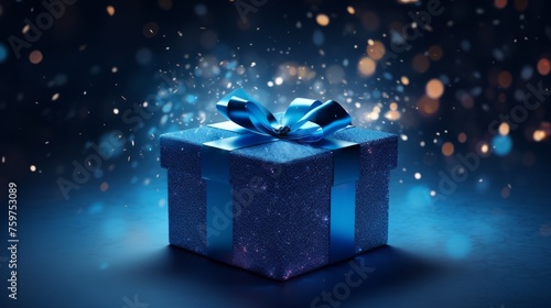 Blue gift box with an opening lid with a magic light coming from it photo