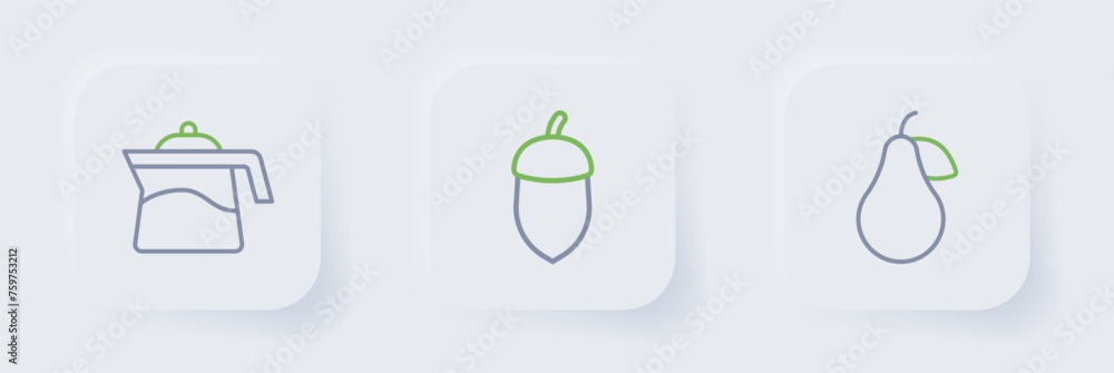 Set line Pear, Acorn and Teapot icon. Vector