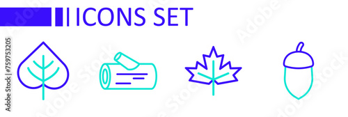 Set line Acorn, Canadian maple leaf, Wooden log and Leaf icon. Vector