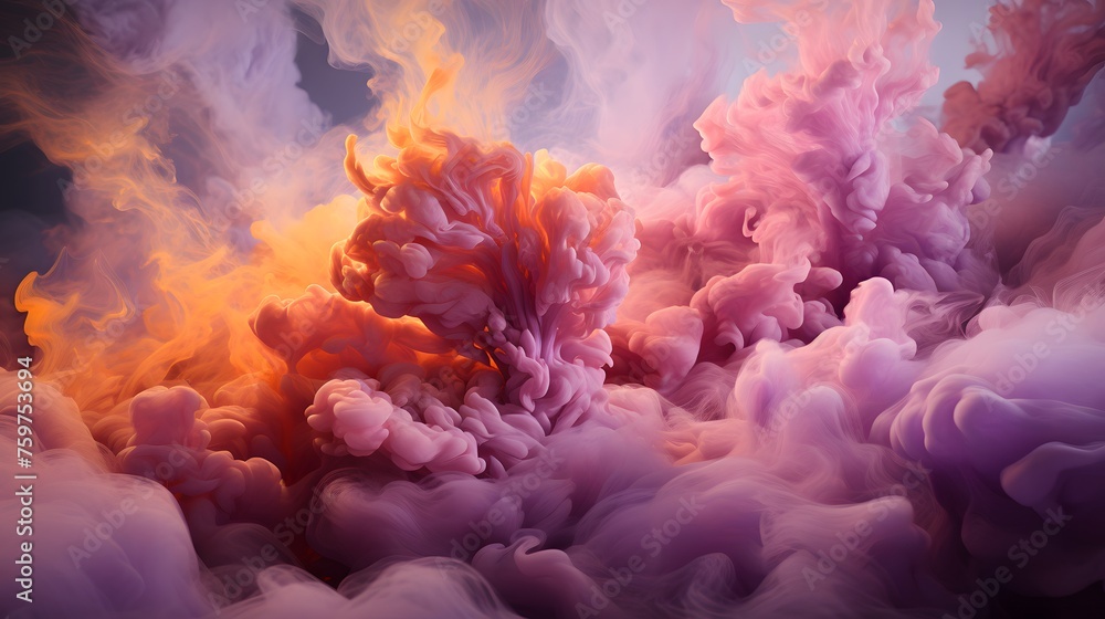Violet mist cascades and merges with billowing amber clouds against a seamless white backdrop