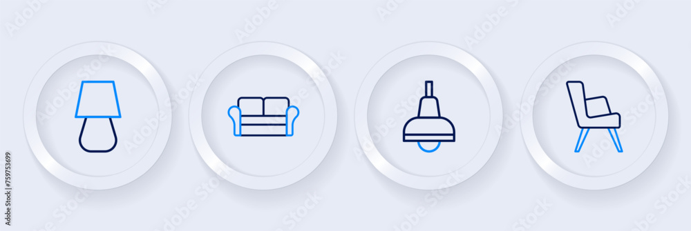 Set line Armchair, Lamp hanging, Sofa and Table lamp icon. Vector Set line Armchair, Lamp hanging, Sofa and Table lamp icon. Vector