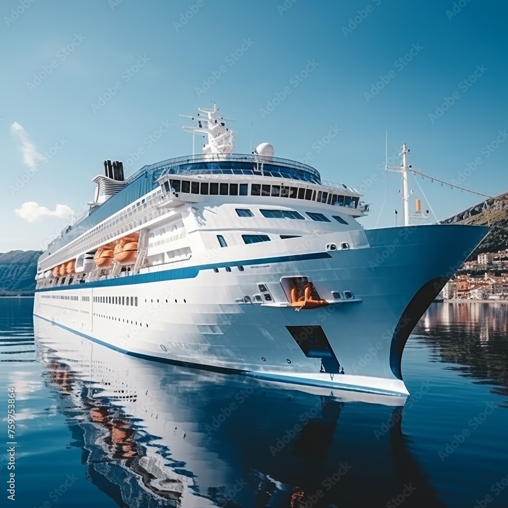 Cruise ship front view, sailing on vast ocean with no land - travel and tourism concept