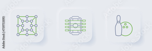 Set line Bowling pin and ball, Table football and Board game icon. Vector