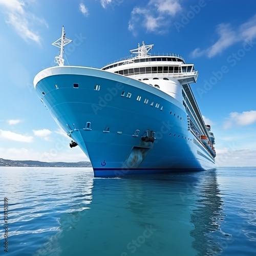 Front view of majestic cruise ship sailing on endless ocean with no land in sight