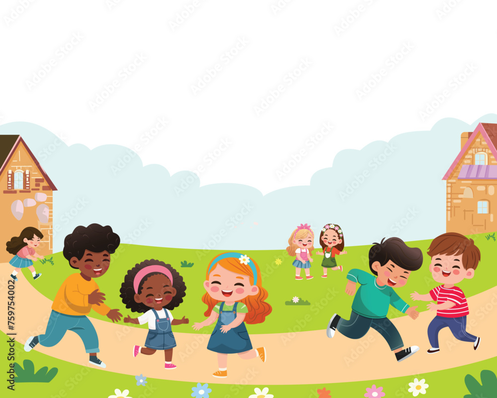 Banner template design with children of different nationalities. Vector illustration