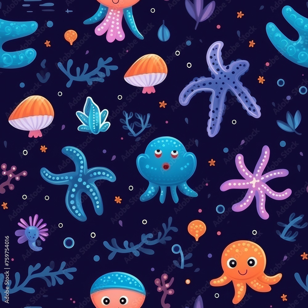 Cute sea animals pattern for kids - octopus, shell, starfish - textile and wrapping design Cute sea animals pattern for kids - octopus, shell, starfish - textile and wrapping design