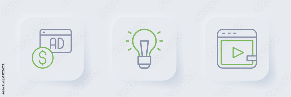 Set line Video advertising, Light bulb and Advertising icon. Vector Set line Video advertising, Light bulb and Advertising icon. Vector