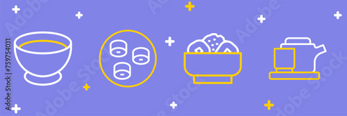 Set line Traditional tea ceremony, Chow mein plate, Sushi and Soy sauce bowl icon. Vector