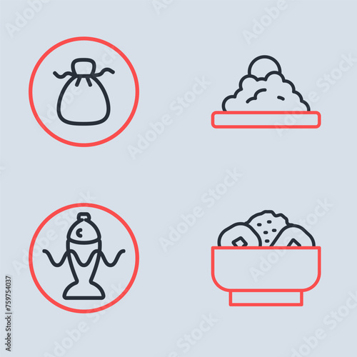 Set line Rice in a bowl, Served fish on plate, Chow mein and Wonton icon. Vector