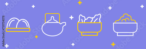 Set line Rice in a bowl, Wonton, Traditional tea ceremony and Sushi icon. Vector