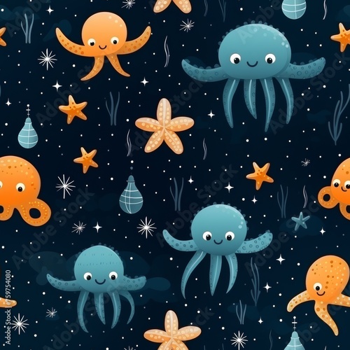 Adorable sea creatures pattern for kids textile, gift wrapping, wallpaper design