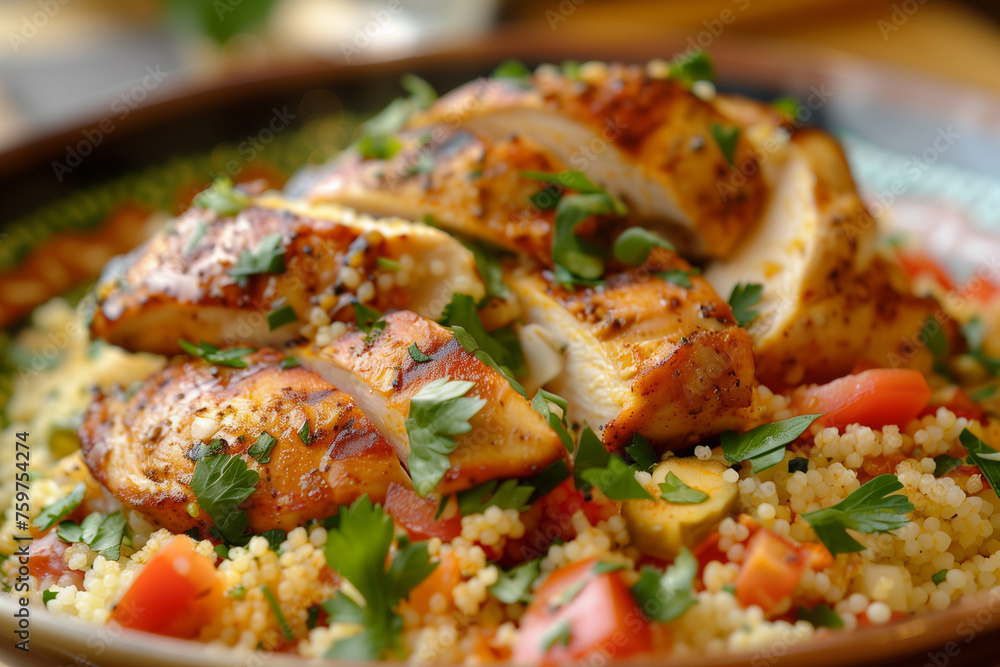 Close-up of couscous and grilled chicken garnished with fresh parsley Close-up of couscous and grilled chicken garnished with fresh parsley