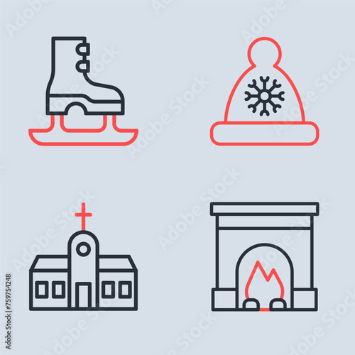 Set line Christmas Santa Claus hat, Church building, Interior fireplace and Skates icon. Vector