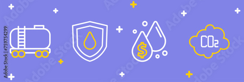 Set line CO2 emissions in cloud, Oil drop with dollar symbol, shield and railway cistern icon. Vector