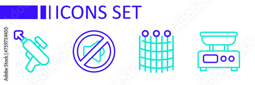 Set line Electronic scales, Fishing net pattern, Speaker mute and harpoon icon. Vector