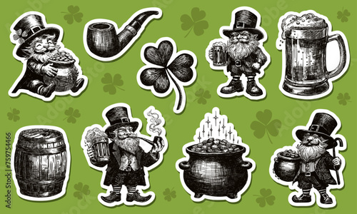 Happy St Patrick's Day set Irish symbols collection beer mug shamrock clover vintage smoking pipe cauldron gold coins leprechaun beard man isolated hand drawn line art sketch illustration green