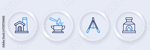 Set line Blacksmith oven, Air blower bellows, Anvil and hammer and Smithy workshop interior icon. Vector