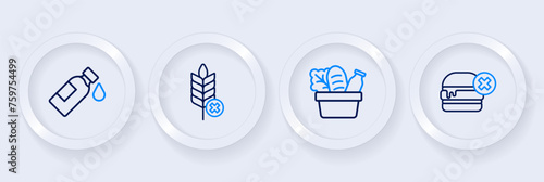 Set line No burger, Shopping bag and food, Gluten free grain and Bottle of water icon. Vector