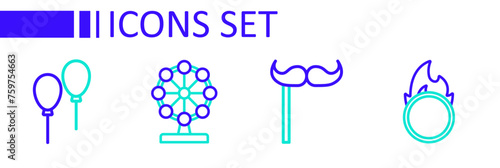 Set line Circus fire hoop, Paper mustache on stick, Ferris wheel and Balloons with ribbon icon. Vector