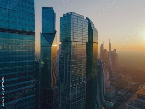 Sunrise casting a warm glow over a modern skyline of towering skyscrapers.