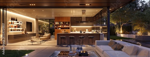 Western kitchen and bar area in a realistic photograph. Highlight the clean lines, neutral palette, and spacious layout characteristic of minimalist design. photo