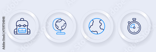 Set line Stopwatch, Earth globe, and School backpack icon. Vector
