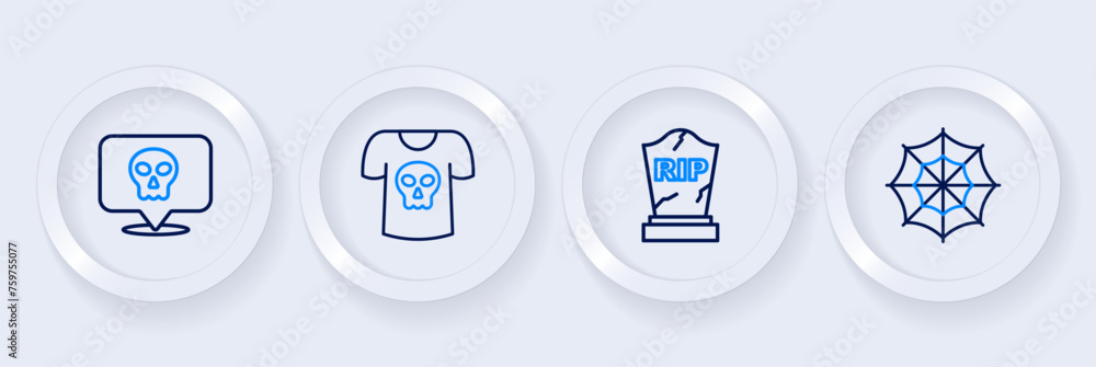 Set line Spider web, Tombstone with RIP written, Shirt skull and Skull icon. Vector Set line Spider web, Tombstone with RIP written, Shirt skull and Skull icon. Vector