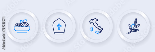 Set line Olives branch, Map of Italy, Pope hat and Pasta spaghetti icon. Vector