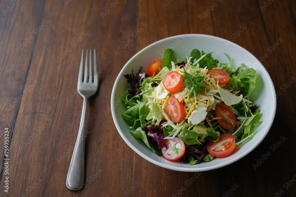 top view salad on a white bowl on brown table top view salad on a white bowl on brown table